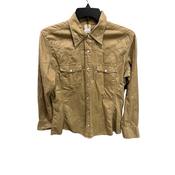 Carhartt For Women Size Large Khaki Western Shirt Pearl Snaps Workwear Casual - Picture 1 of 4